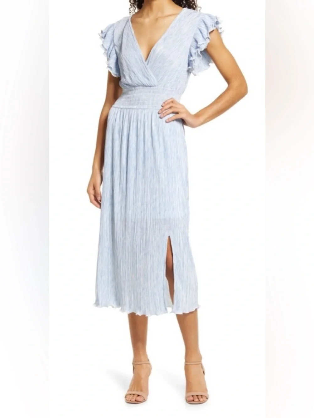 Chelsea28 Flutter Sleeve Plissé Midi‎ Dress Blue Falls Camouflage Size 1X
